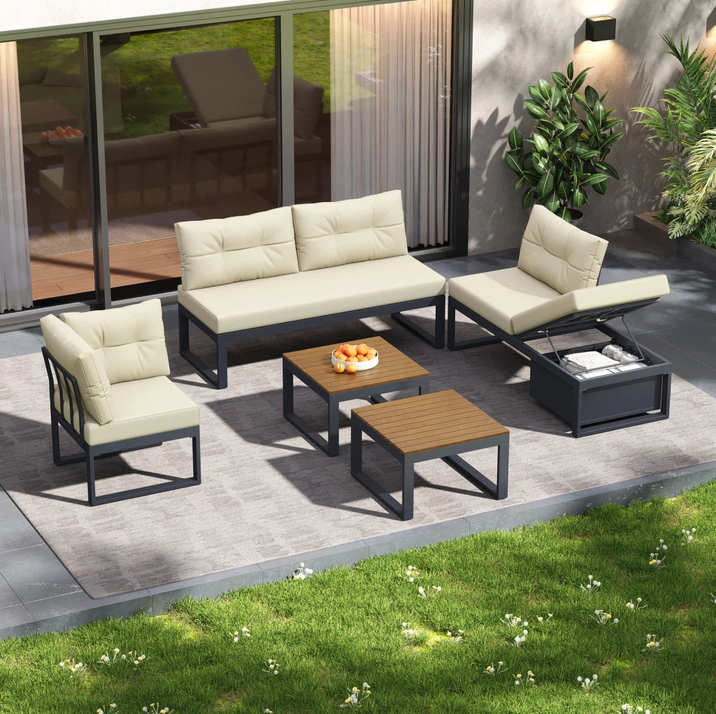 Set divani da giardino modulare beige con schienale regolabile e contenitore