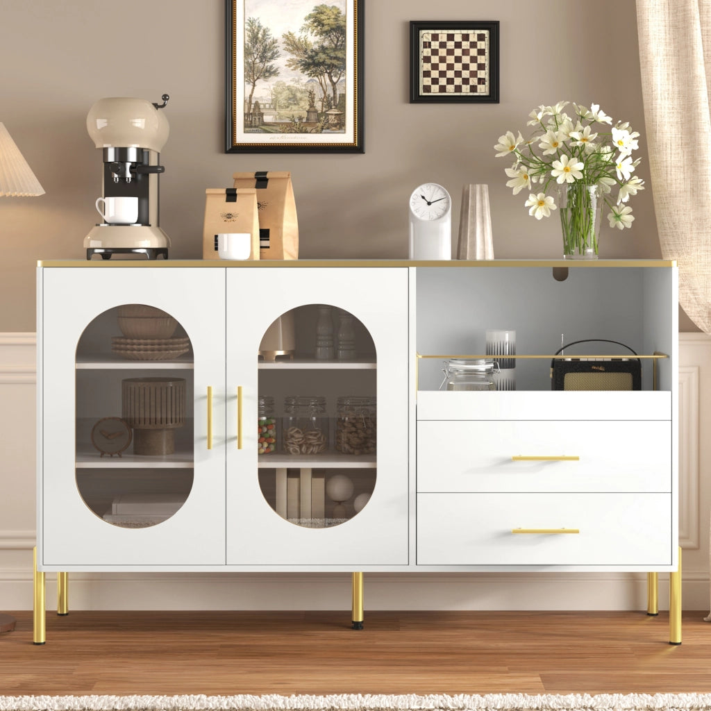 Credenza con 2 cassetti e 2 ante in vetro MDF bianca con dettagli dorati e passacavi per soggiorno 140 × 38 × 90 cm