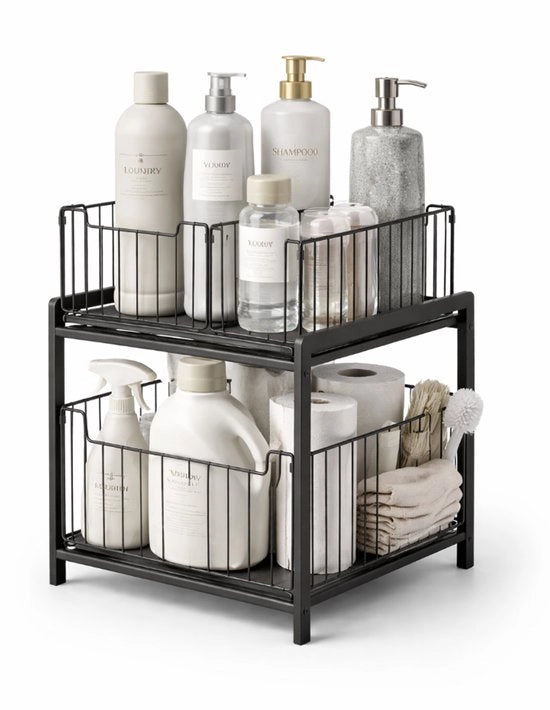Scaffale a doppia pianta per sottocasa - contenitore estensibile e regolabile in altezza per cucina, bagno e armadietto