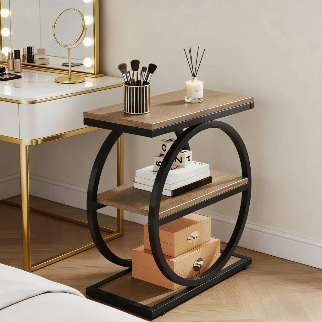 Tavolino Multifunzionale con 3 Ripiani in MDF e Metallo, Design Industriale