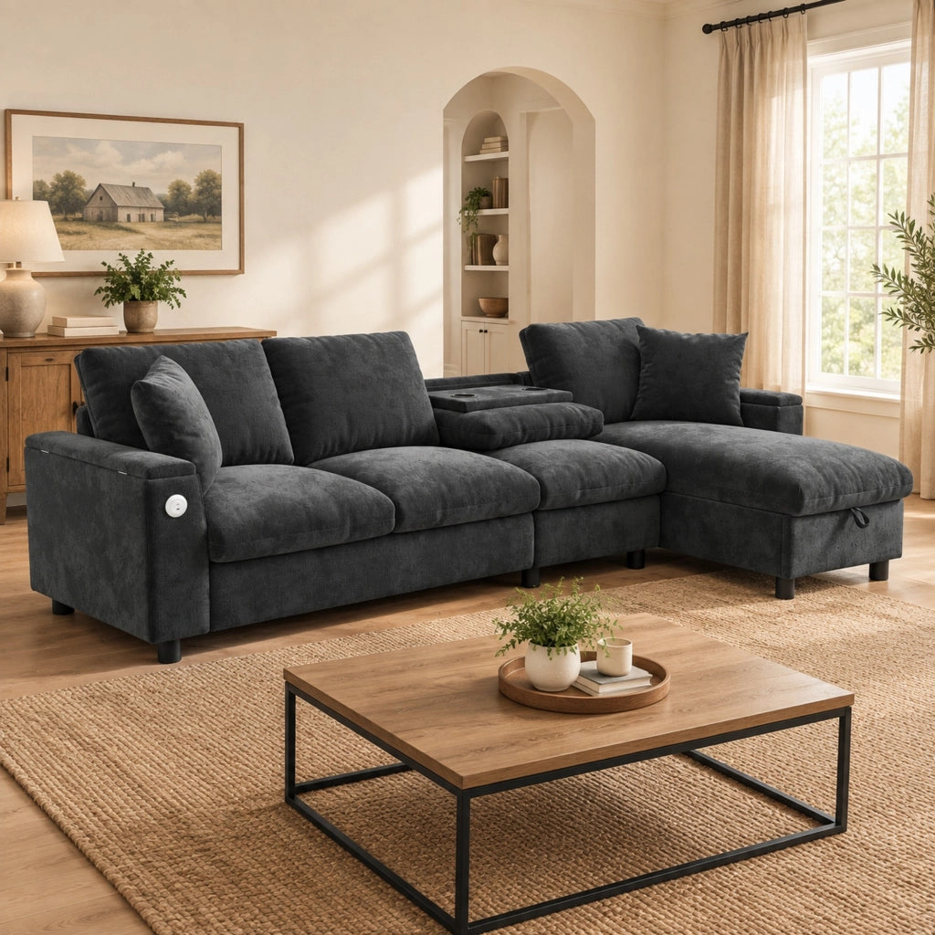 Divano angolare con funzione letto e chaise longue reversibile tavolino pieghevole porte USB e Type C contenitore braccioli chenille grigio
