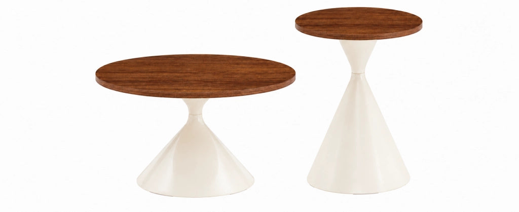 Set di 2 tavoli rotondi, Ø70xH40 cm e Ø50xH50 cm, piano noce caldo e struttura in acciaio color crema per soggiorno e zona notte