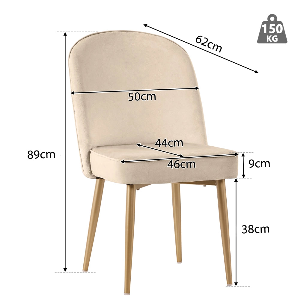 Set di 4 sedie da pranzo in velluto beige con seduta imbottita e piedi in metallo dorato per sala da pranzo