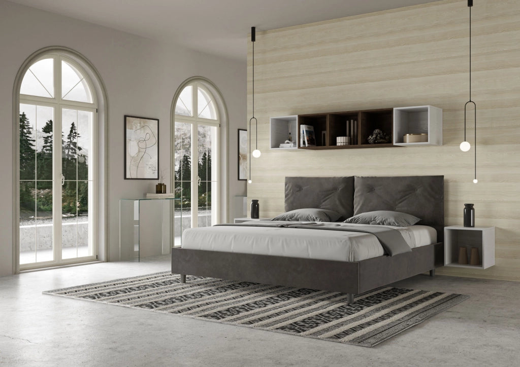 BS COM Letto matrimoniale king size contenitore imbottito 200x210 microfibra grigio