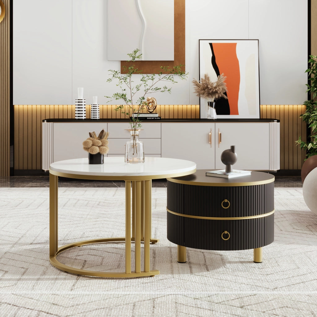 Tavolini da salotto impilabili rotondi con 2 cassetti e piano effetto marmo lucido, in MDF e metallo, nero e oro