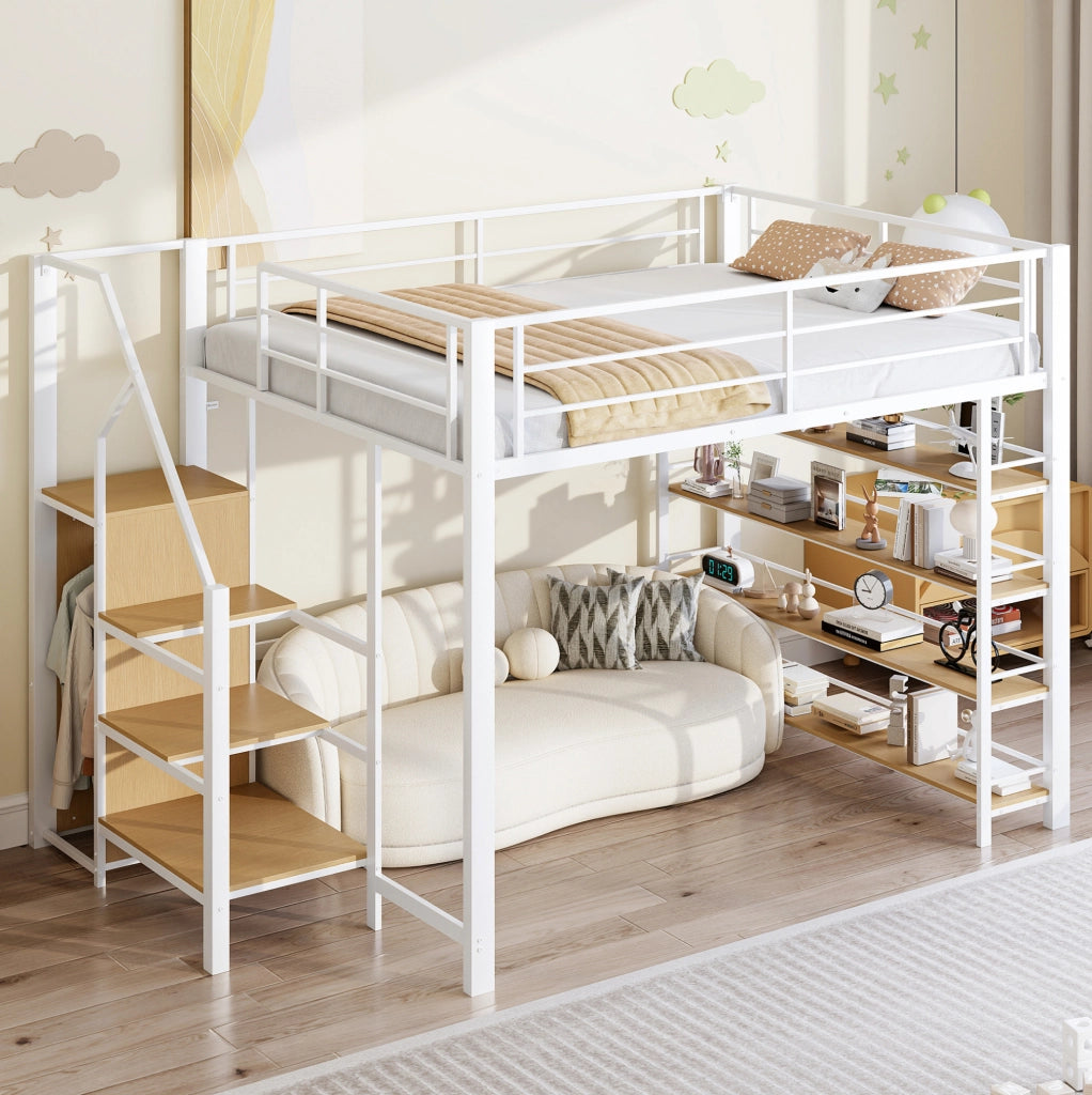 Letto a soppalco 140x200 cm con scala contenitore in metallo bianco