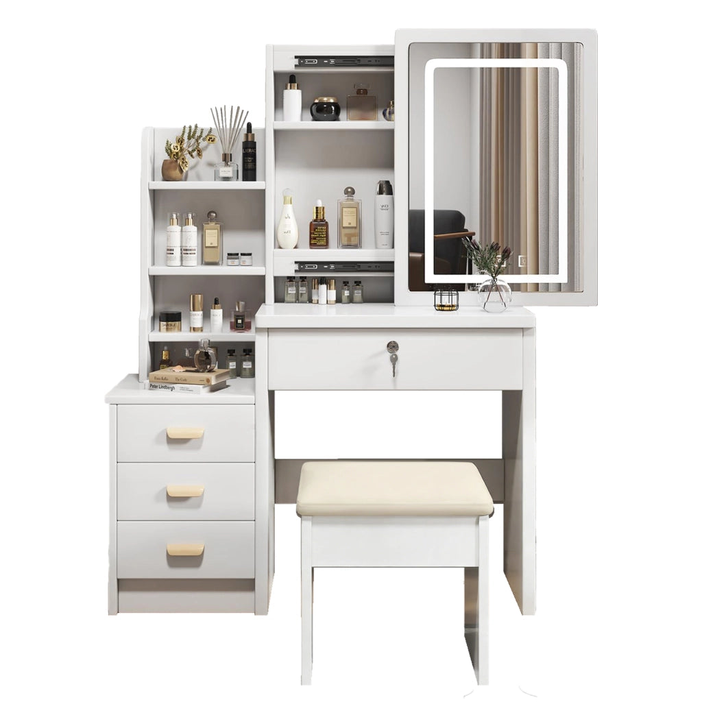 Tavolo da toeletta con specchio LED a 3 modalità, cassetti e ripiani laterali per camera da letto, in MDF, bianco