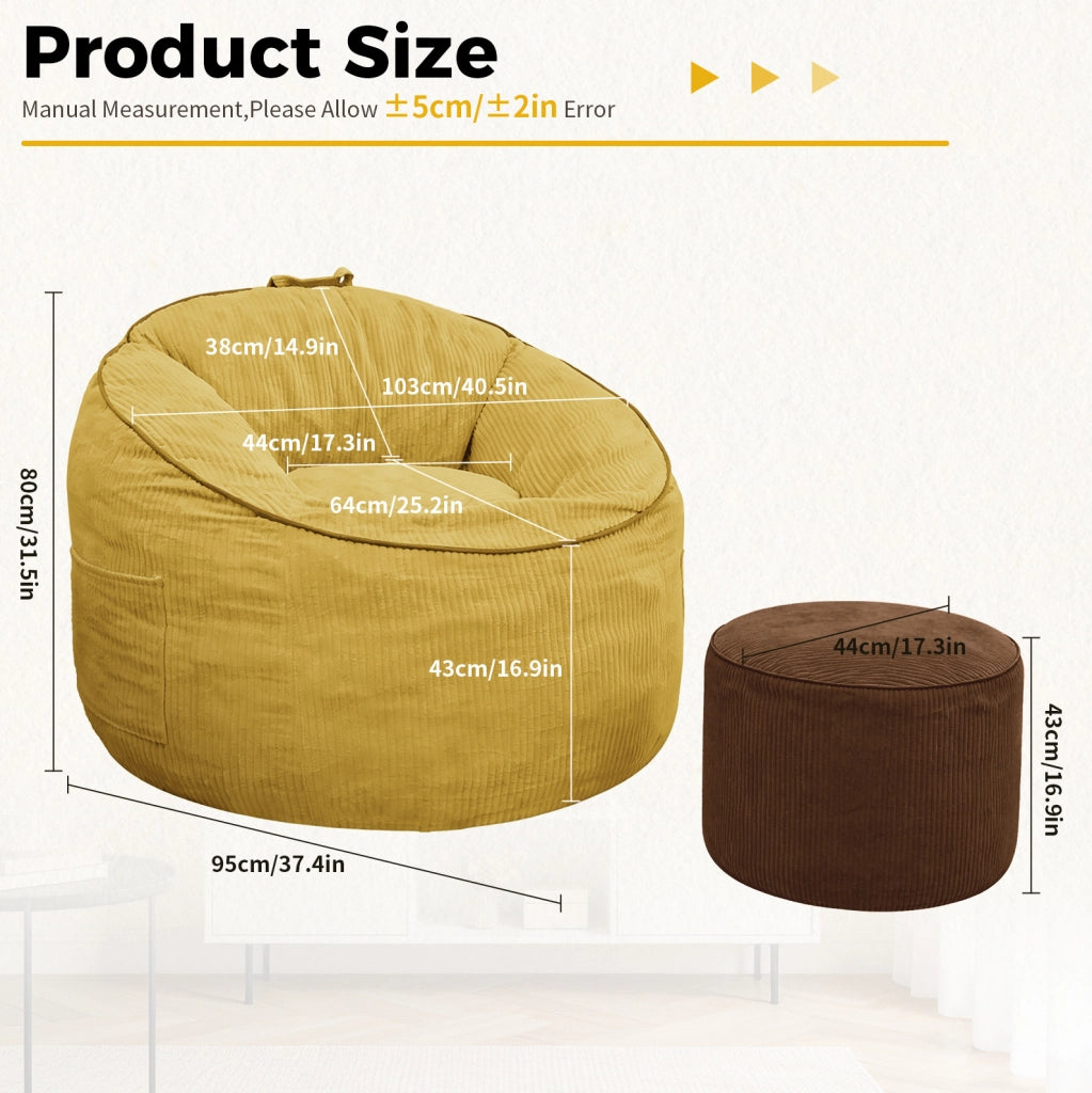 Poltrona curva ergonomica gialla con tasca laterale e pouf cilindrico