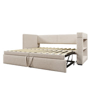Letto divano con letto estraibile 90x200 cm beige in tessuto misto cotone e lino con seconda rete estraibile; USB e USB-C; portabicchieri