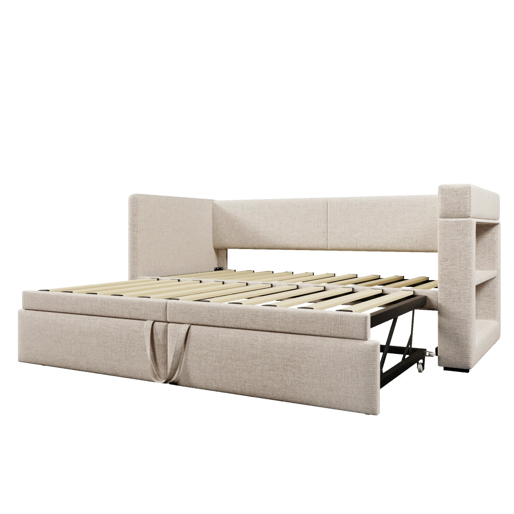 Letto divano con letto estraibile 90x200 cm beige in tessuto misto cotone e lino con seconda rete estraibile; USB e USB-C; portabicchieri