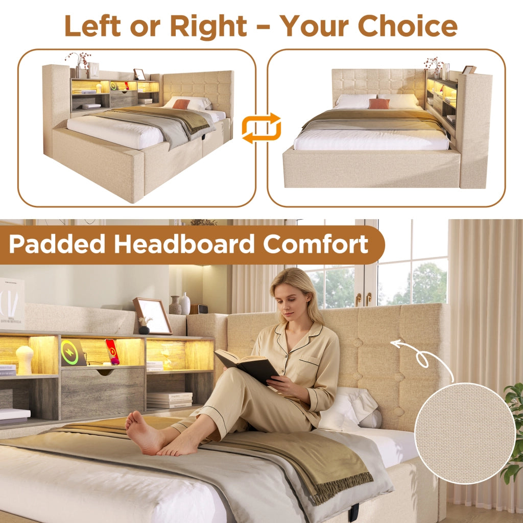 Letto singolo 90 × 200 cm con contenitore idraulico; LED regolabile e USB; materasso incluso; beige