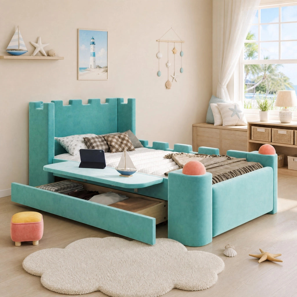Letto singolo imbottito per bambini 90 × 200 cm con ripiano pieghevole cassetto contenitore velluto blu verde