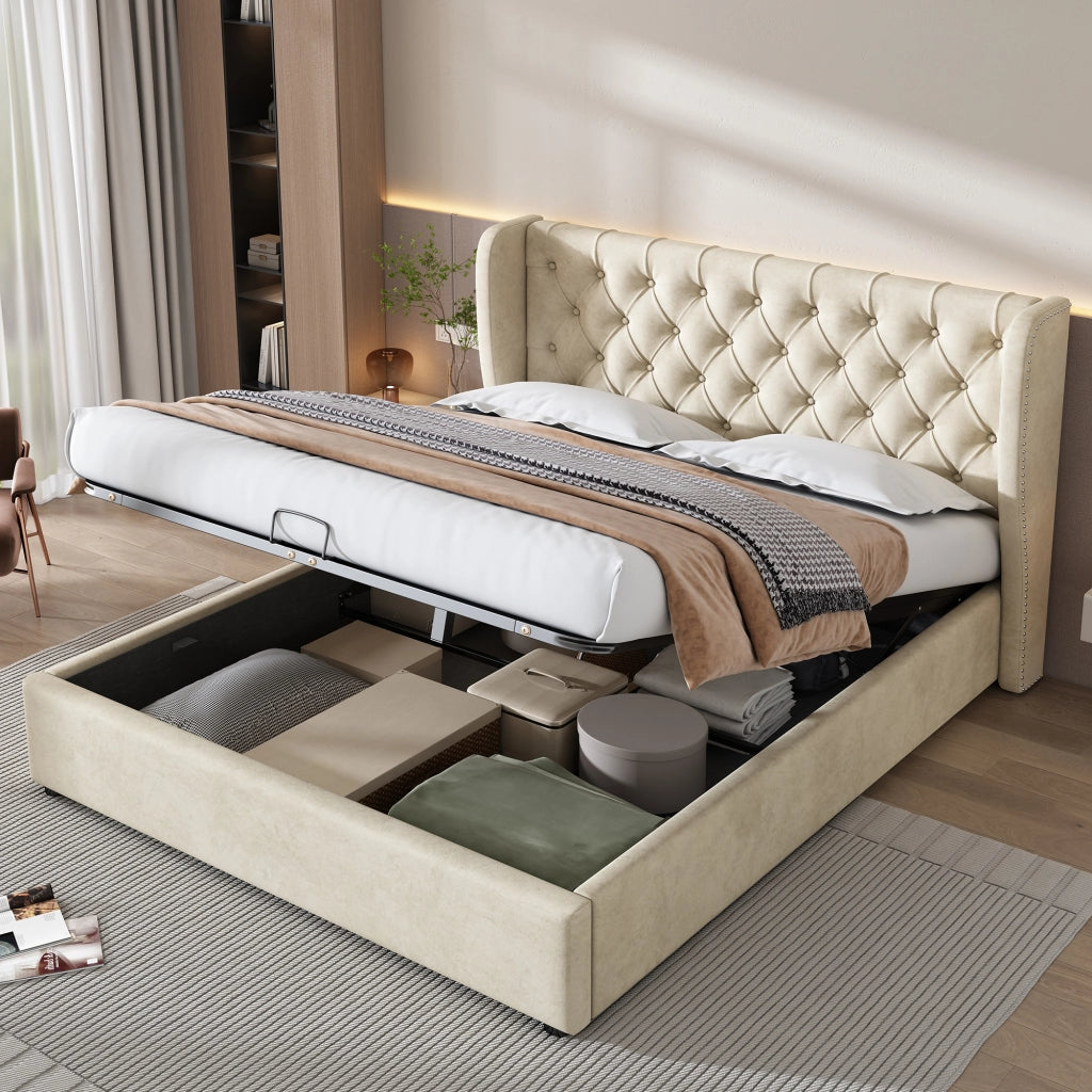 Letto contenitore 140 × 190 cm con sollevamento idraulico testiera imbottita rivestito in velluto beige