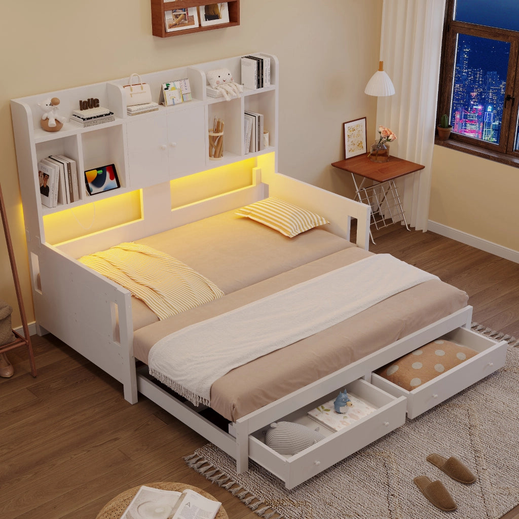 Divano letto estraibile 90x190 cm espandibile a 180x190 cm - Archiviazione e presa LED - Bianco
