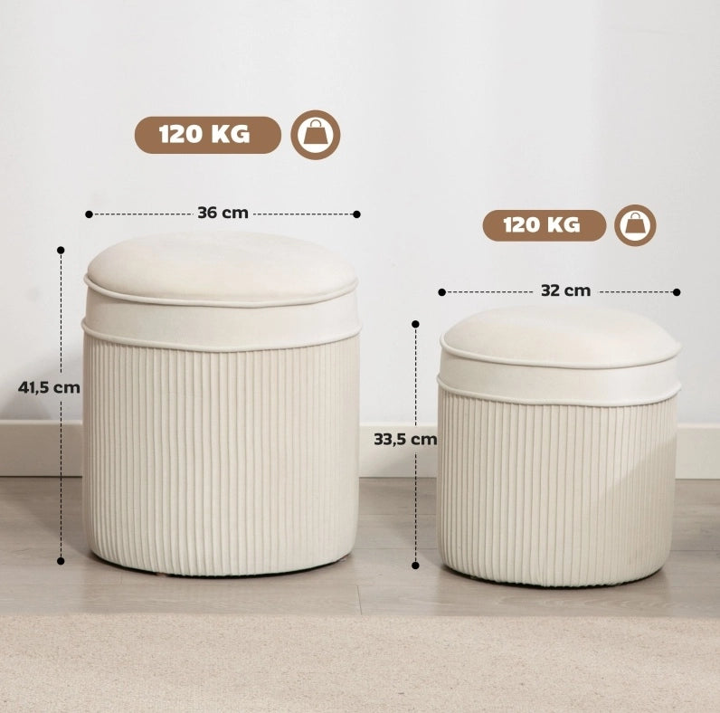 Set di 2 Pouf con Contenitore, Pouf Tondo in Velluto Crema 36x36x41,5 cm