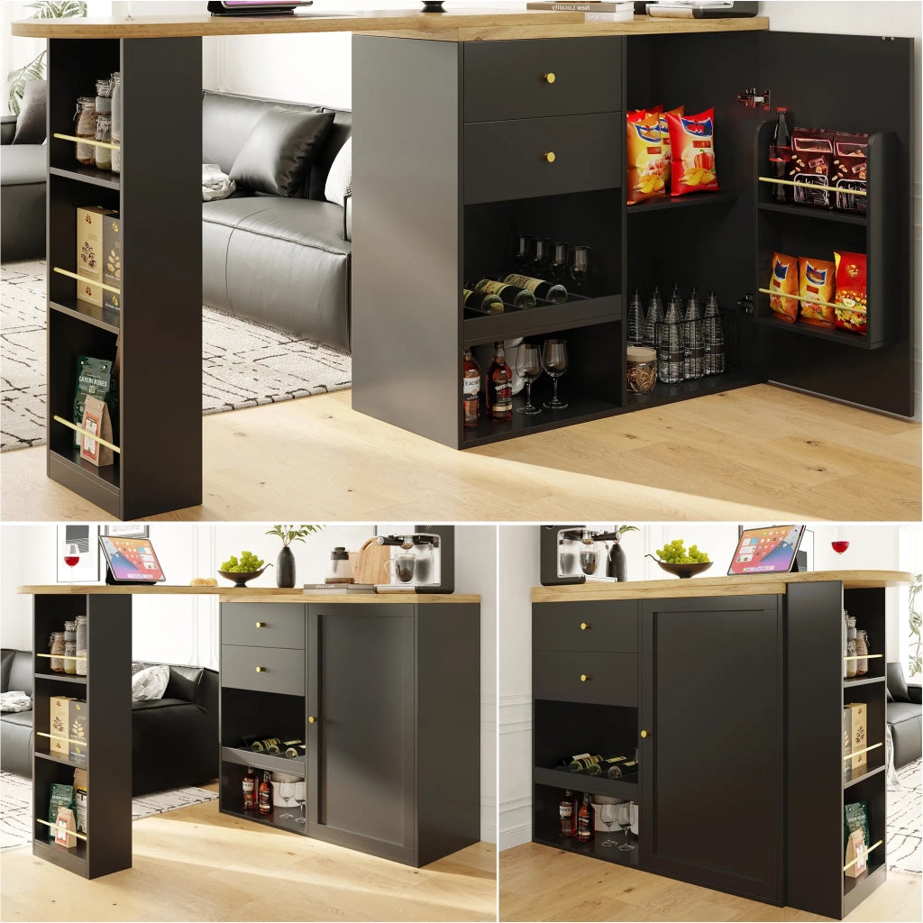 Bartisch girevole 105x39x102 cm, 2 cassetti e anta scorrevole, 3 ripiani aperti. Per sala da pranzo, studio o soggiorno