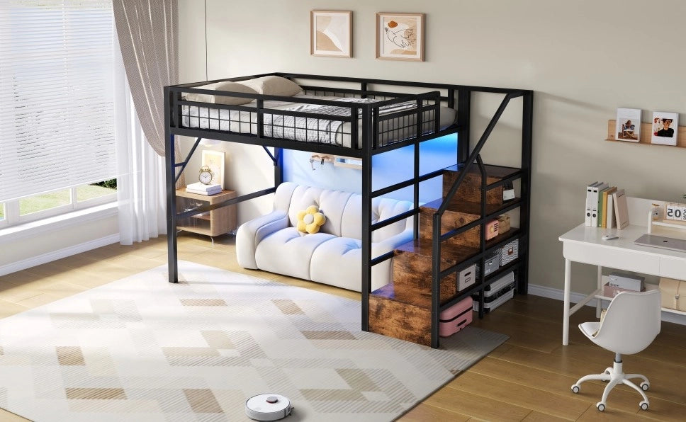 Letto a soppalco 140x200 cm con LED e scale contenitore in metallo nero