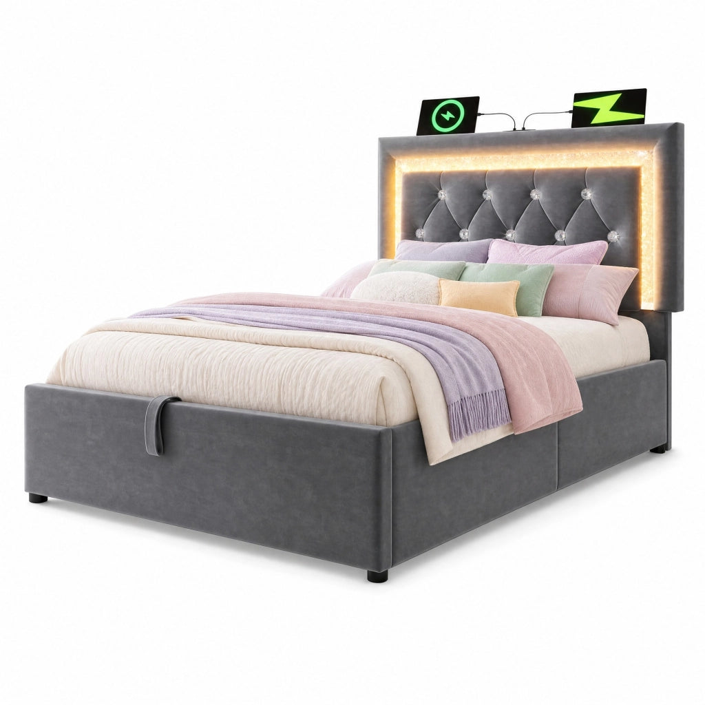 Letto imbottito in velluto 90x200 cm con LED, USB e contenitore