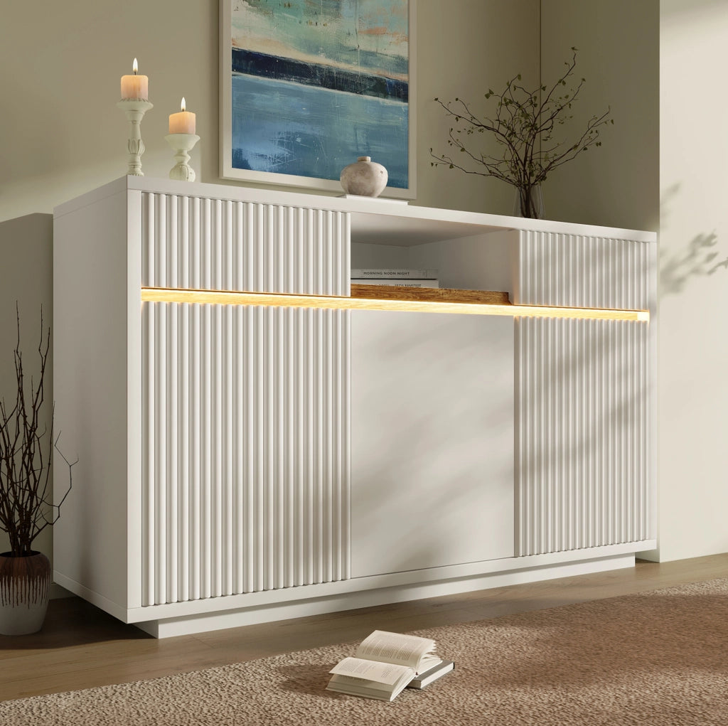 Credenza 140x40x85 cm con LED; 2 cassetti; 3 ante e ripiani regolabili; bianca