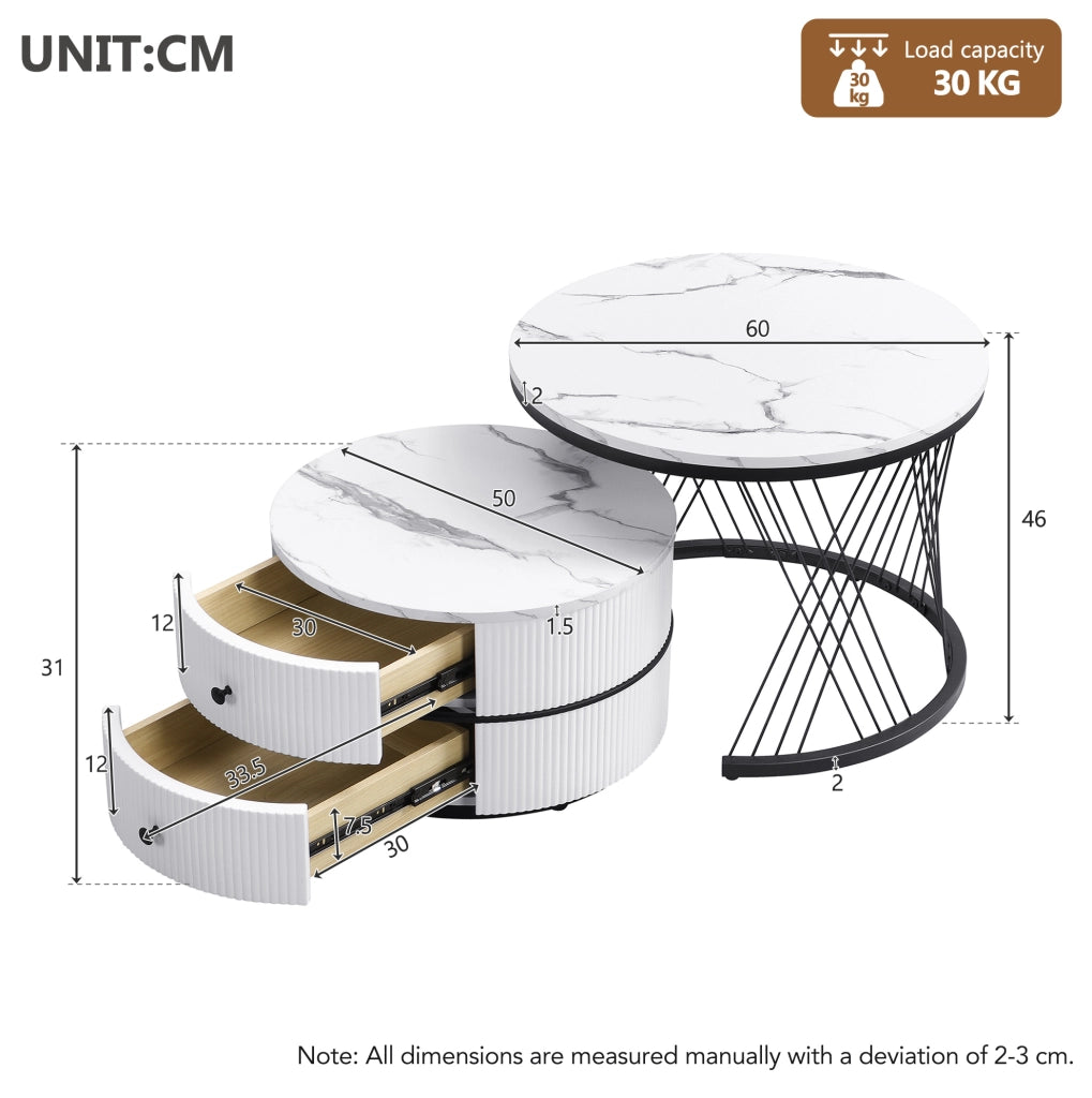 Set di 2 tavolini da caffè rotondi bianchi con 2 cassetti