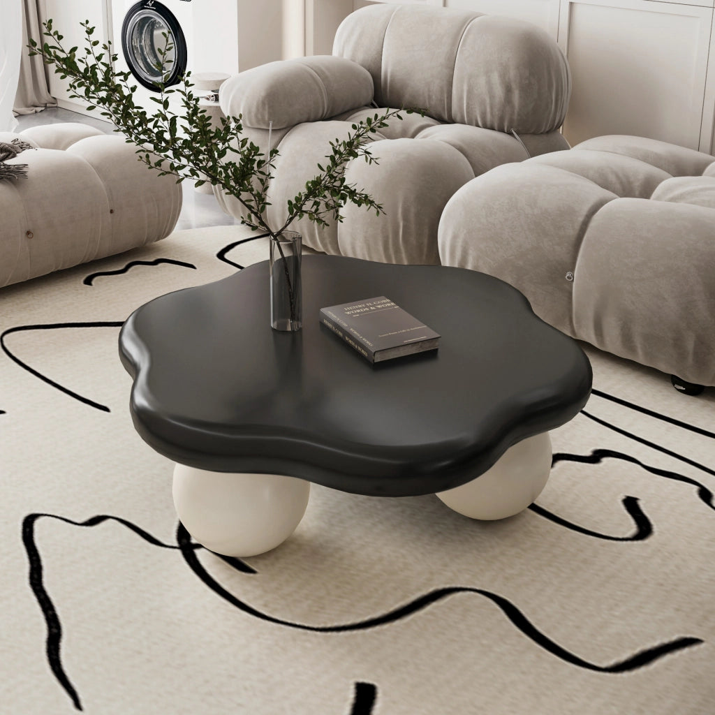 Tavolino basso fisso a nuvola in MDF nero e bianco con gambe sferiche arrotondate diametro 80 × altezza 35 cm