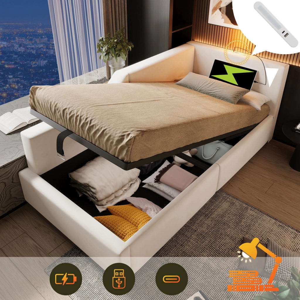 Letto divano contenitore 90x190 cm con apertura idraulica; luce di lettura e USB-C; beige