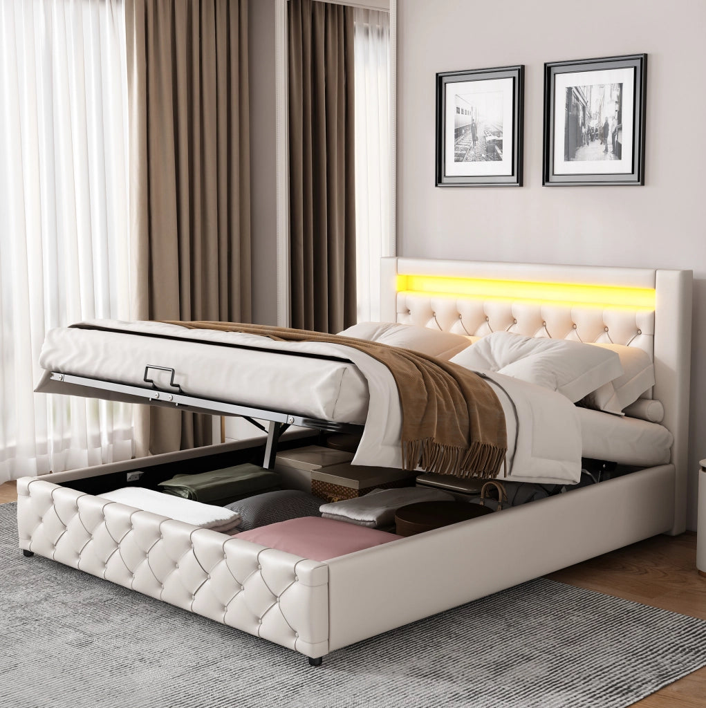 Polsterbett 160x200 cm con contenitore; rete a doghe e LED; PU bianco