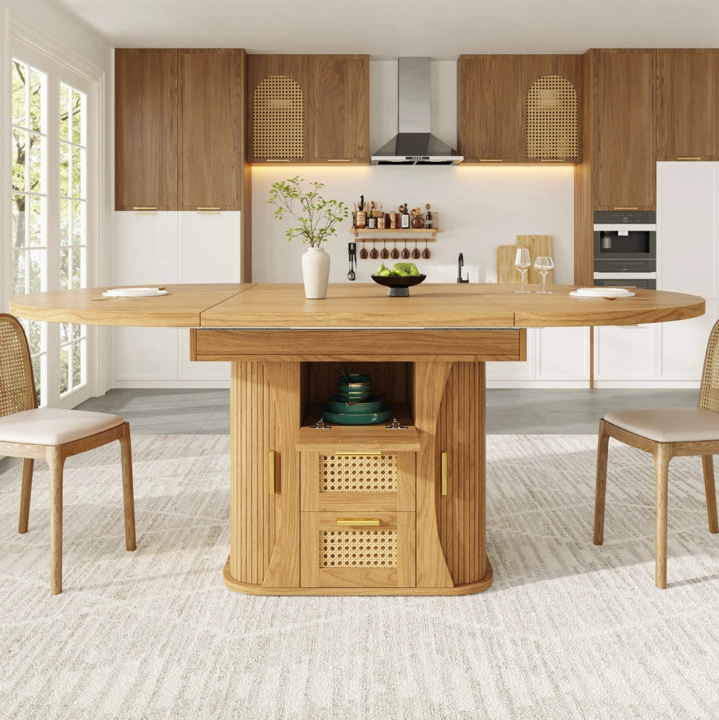 Tavolo da pranzo allungabile 118-158 cm con cassetti in rattan, MDF effetto legno, nero/naturale/marrone