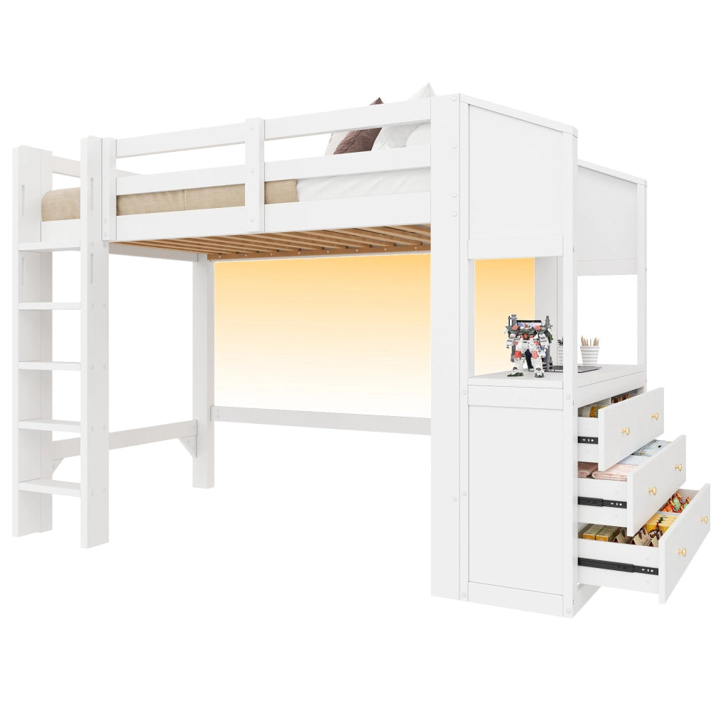 Letto a soppalco 90x200 cm bianco con 6 cassetti, scaffali e illuminazione LED