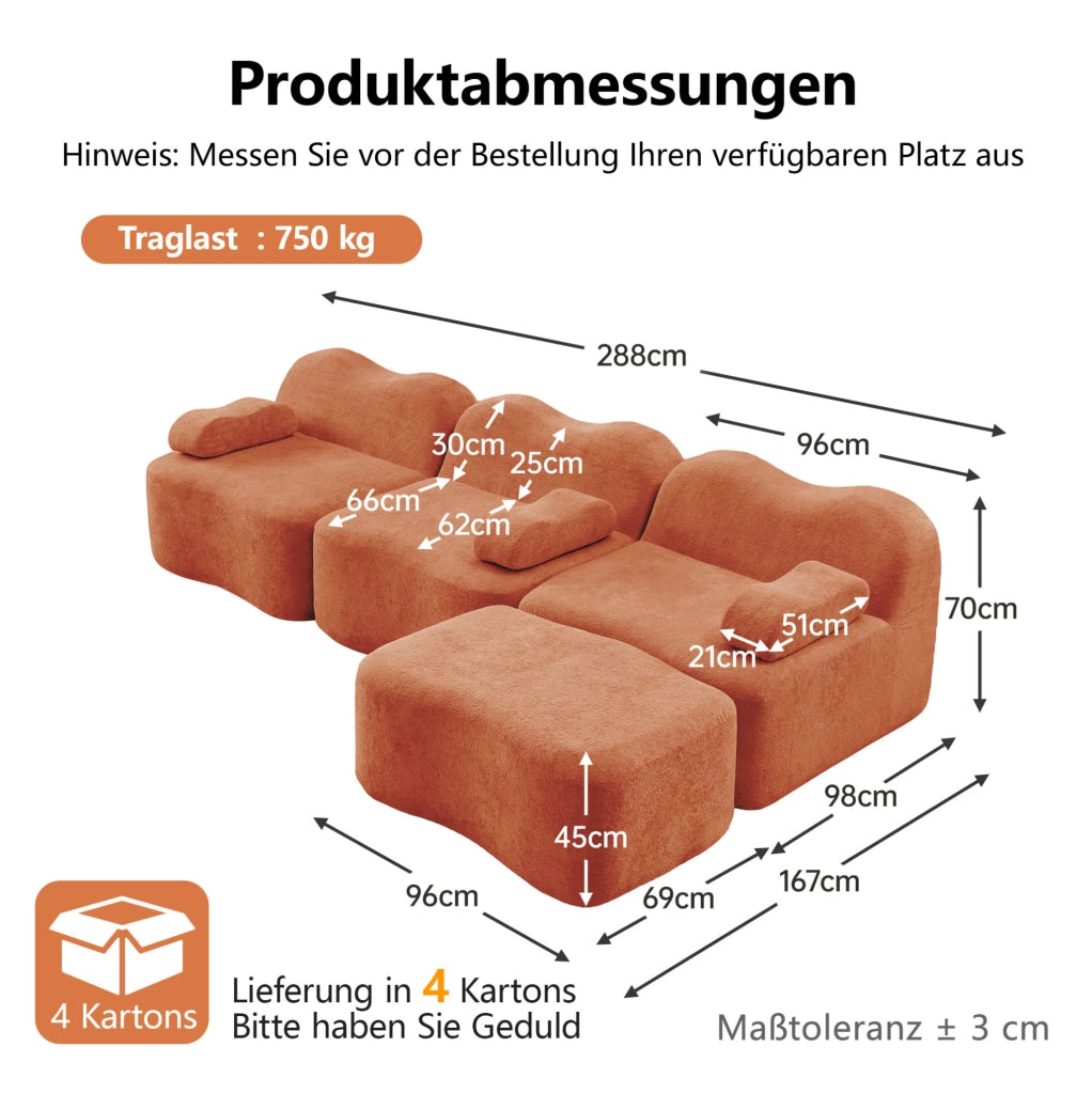Divano modulare angolare 3 posti con pouf, schiuma ad alta densità 32D, rivestimento in velluto arancione per soggiorno