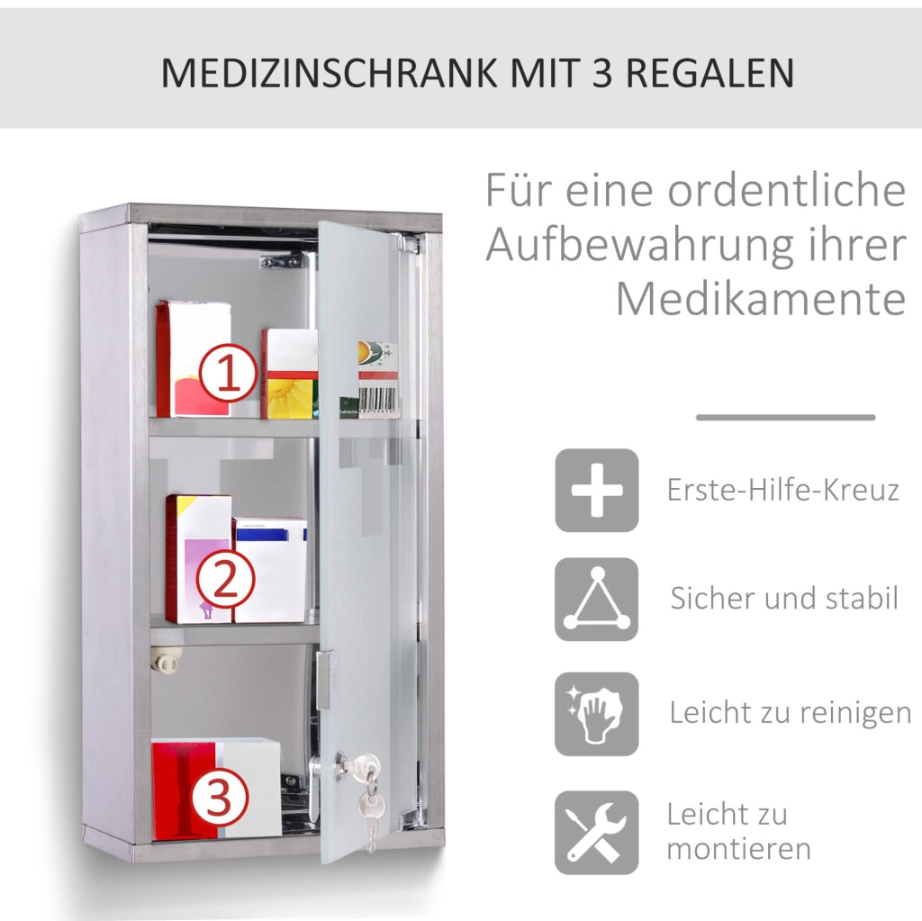 Armadio porta medicinali in acciaio inox con serratura, 3 scomparti, 25 x 12 x 48 cm, porta in vetro satinato
