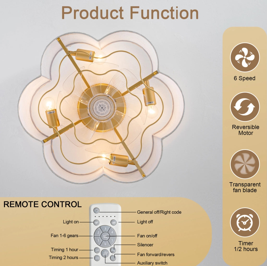 Ventilatore da soffitto con luce a fiore di pruno; 6 velocità; app Bluetooth e telecomando; rame