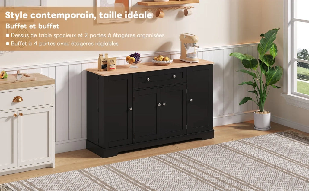 Credenza multifunzione 138 cm con cassetto, ante a scaffale e ripiani regolabili. Design moderno con protezione anti-ribaltamento per cucina, soggiorno e camera