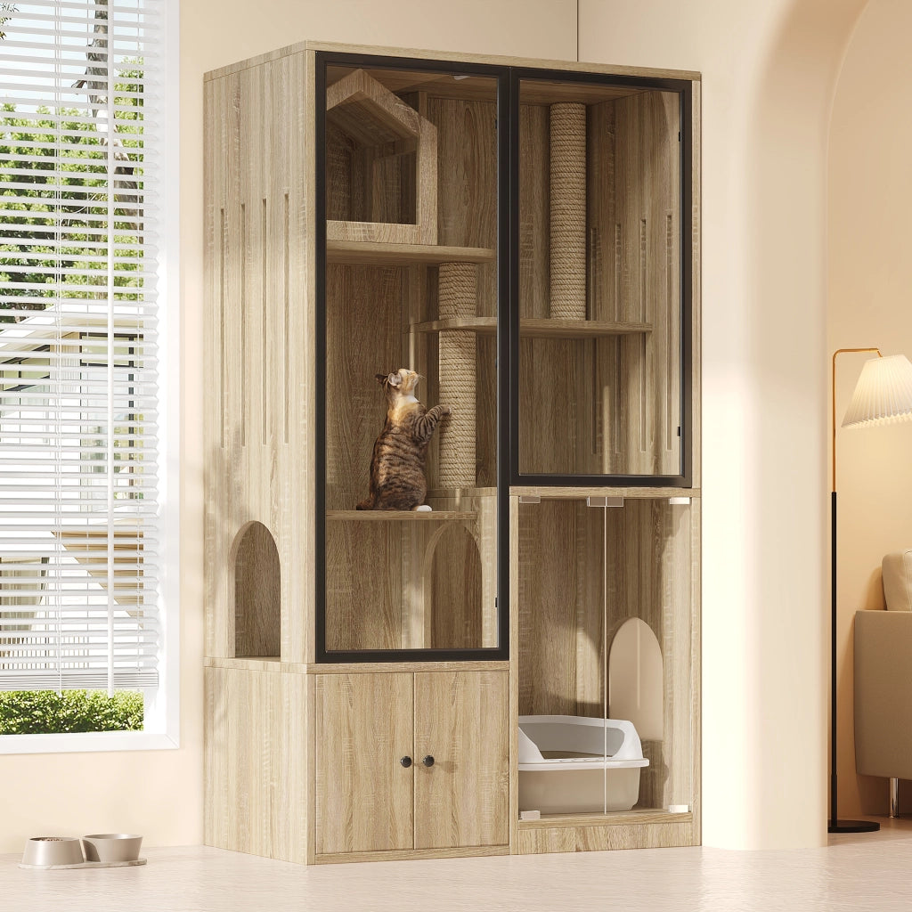 Gabbia per gatti 90x50x160 cm con porta panoramica in vetro temperato e ripiani; naturale