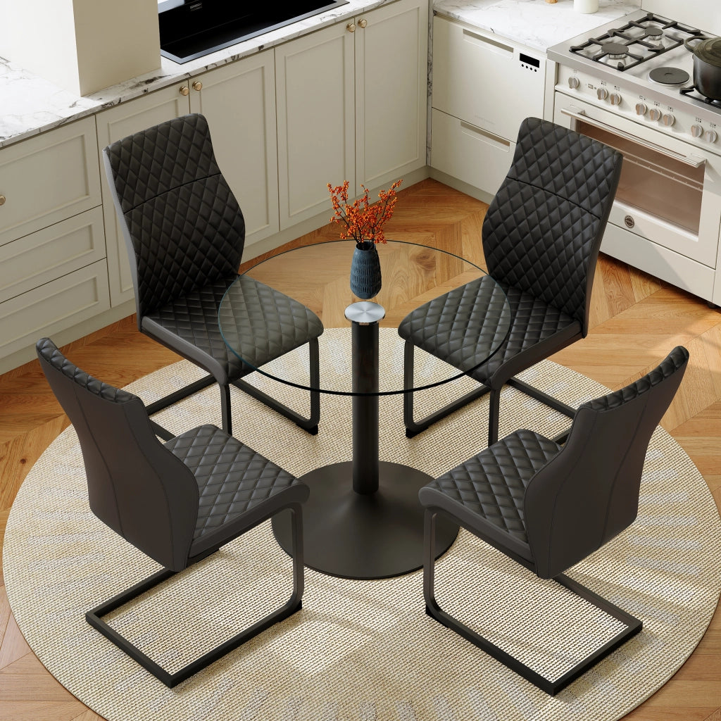 Set tavolo da pranzo rotondo in vetro temperato con 4 sedie nere in similpelle