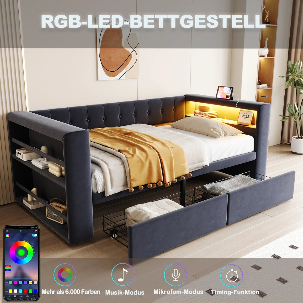 Divano letto 90 × 190 cm con LED multicolore presa integrata due cassetti e vani portaoggetti grigio scuro