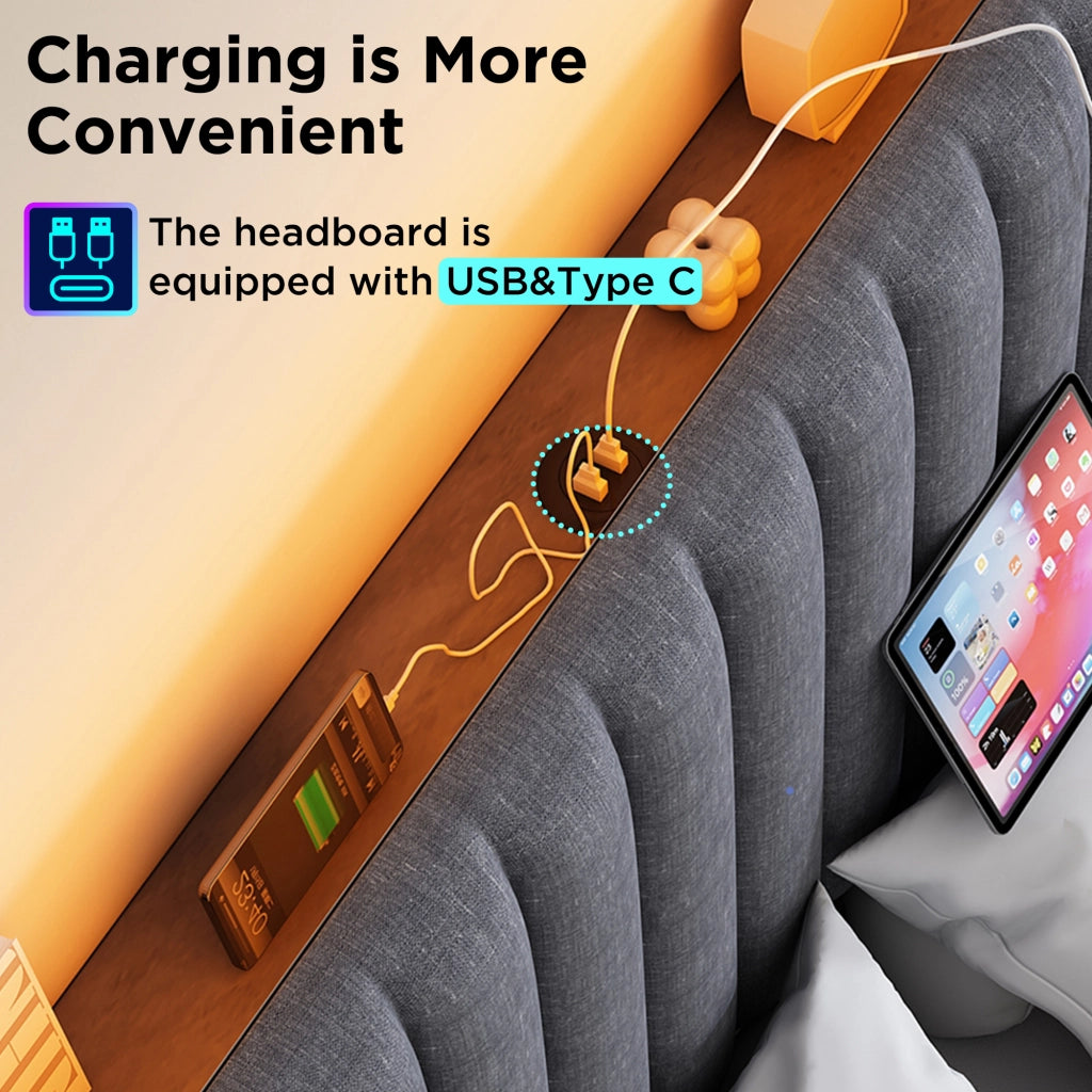 Letto matrimoniale imbottito 140 ¡Á 200 cm con contenitore LED USB Type-C in lino grigio con rete a doghe