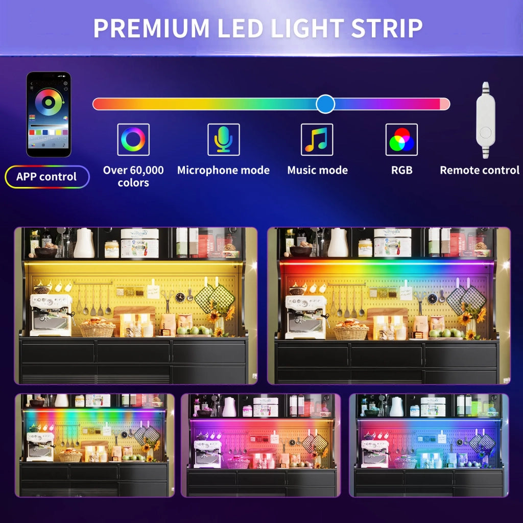 Mobile alto moderno nero 145x39x171 cm con illuminazione LED e controllo app, 1 cassetto, ripiano portaoggetti e pannello forato, per cucina o sala da pranzo