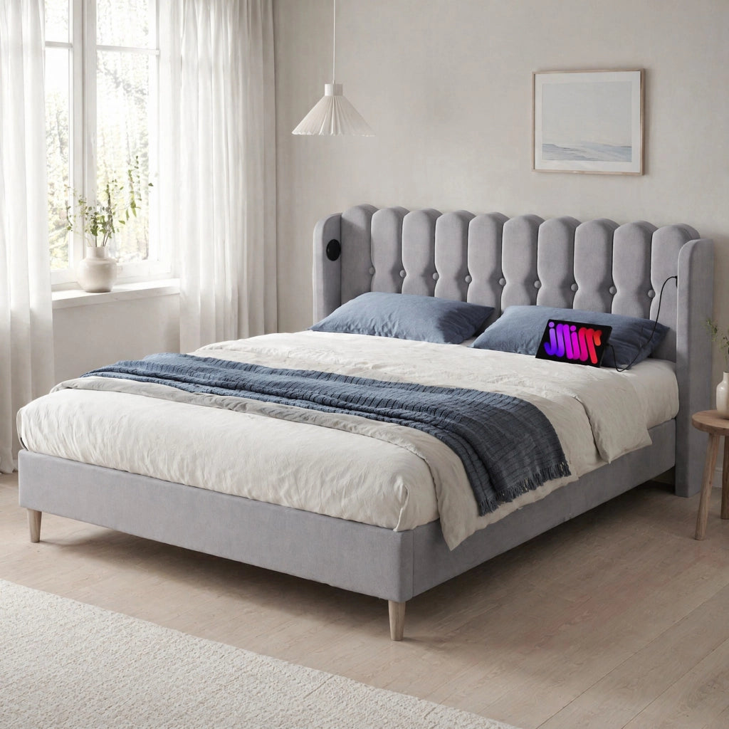Letto matrimoniale imbottito grigio con USB-C 160 x 200 cm