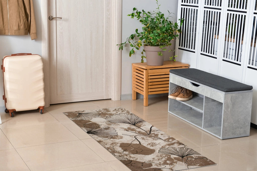 Tappeto Arredo Moderno Morbido in Ciniglia Ingresso Antiscivolo Prodotto Italiano  Soggiorno Camera Salotto Disegni Piazzati Cotone Varie Misure Grande Ginko/Fango - 65x220 cm