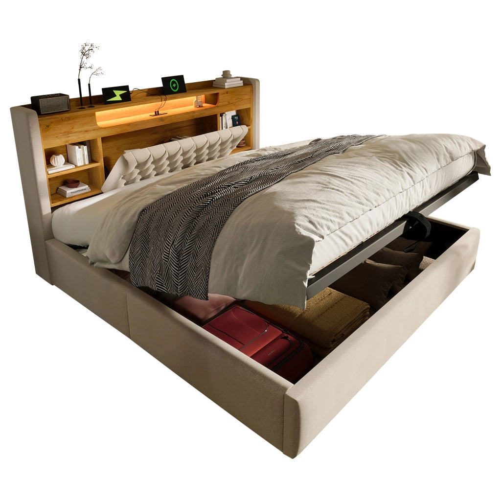 Letto matrimoniale 160x200 cm con contenitore idraulico, LED e porte USB, beige