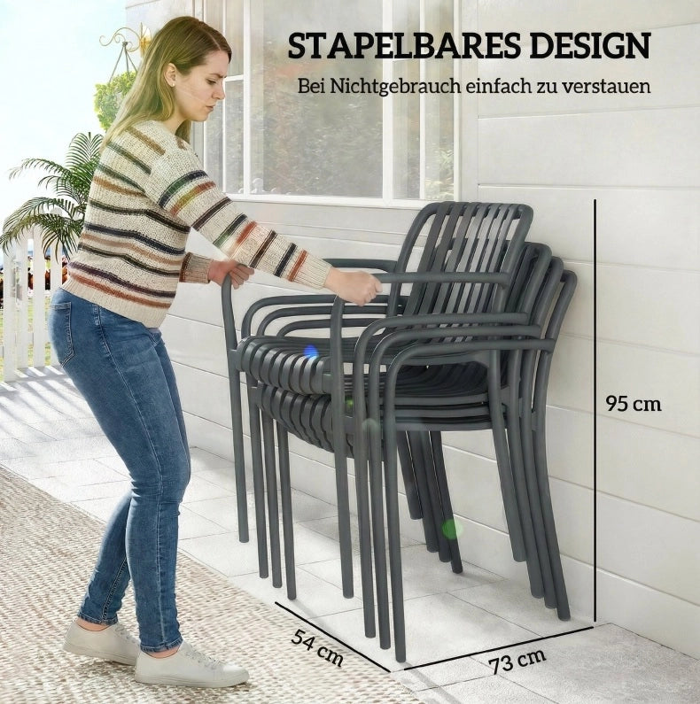 Set di 4 Sedie da Giardino Impilabili con Braccioli e Design a Lamelle, Ergonomiche, Grigio Scuro