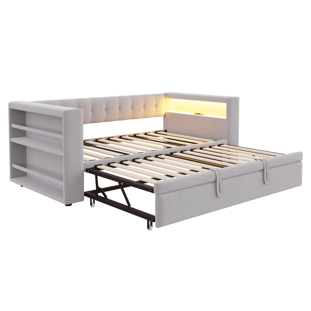 OKWISH Letto Divano 90×190 cm e 180×190 cm, Letto Singolo con LED Multicolore, Prese e Contenitori, senza Materasso, Grigio Chiaro