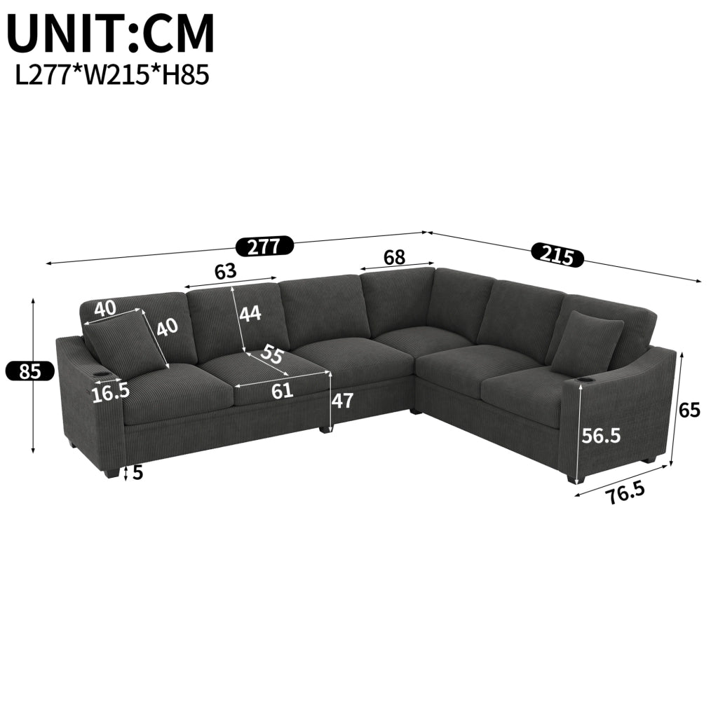 Divano angolare modulare a L 277x215 cm in tessuto corduroy grigio; 6-7 posti con 2 cuscini