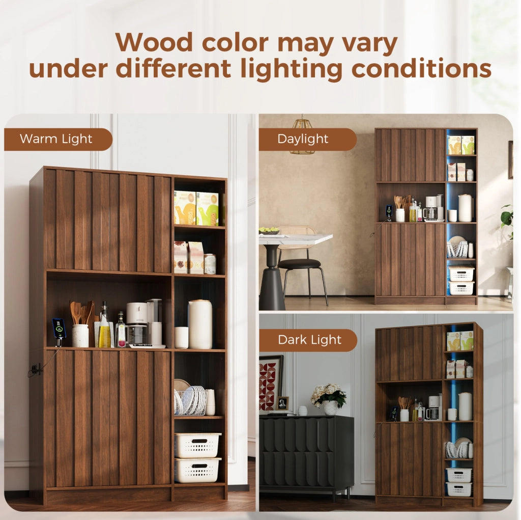 Mobile da cucina alto 105x40x180 cm con LED RGB; prese USB e 2 ante in MDF color noce
