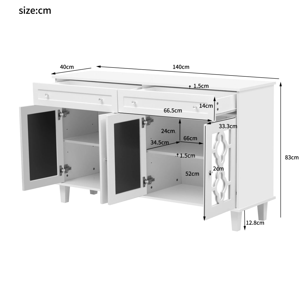 Credenza con ante a specchio - Zephmum- 4 ante, cassetti, ripiani regolabili, maniglie in cristallo