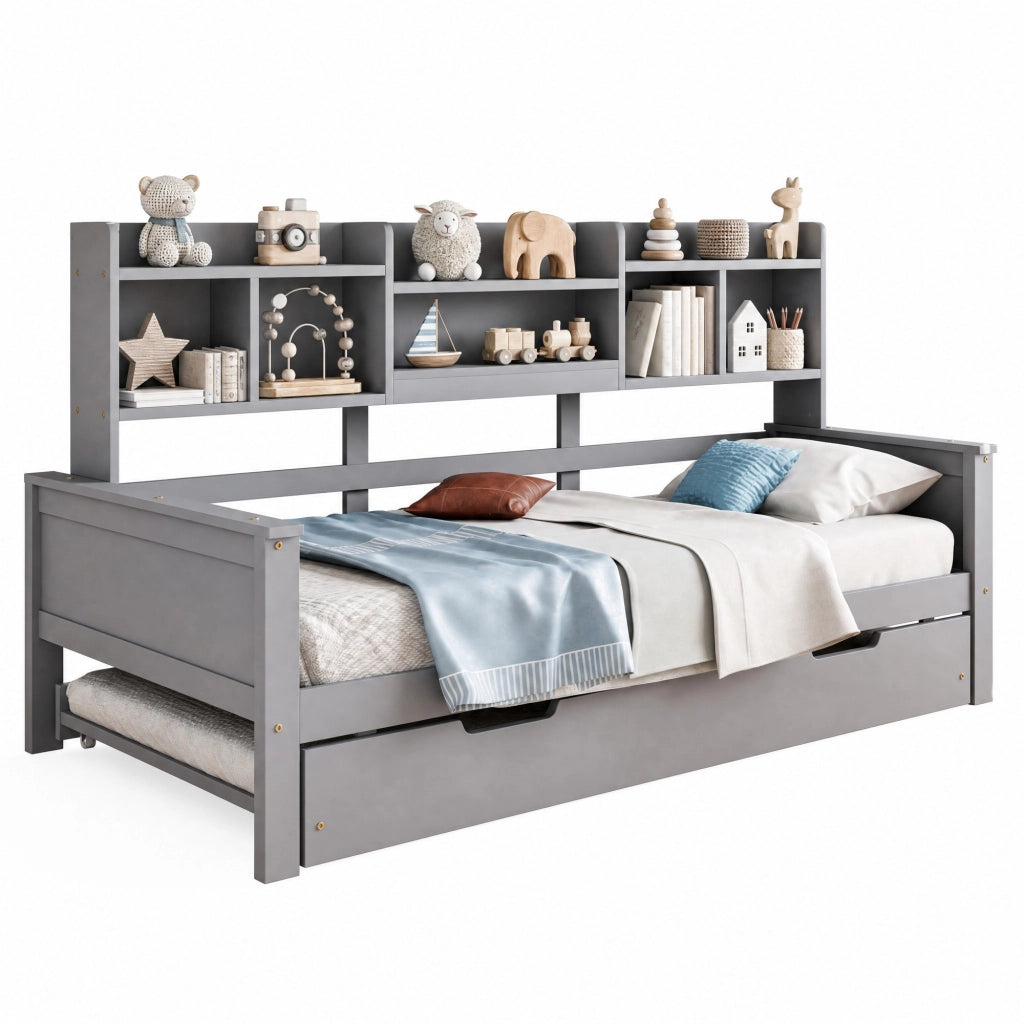 Letto con letto estraibile 90 × 200 cm con secondo letto 90 × 190 cm ripiani posteriori rete a doghe legno grigio