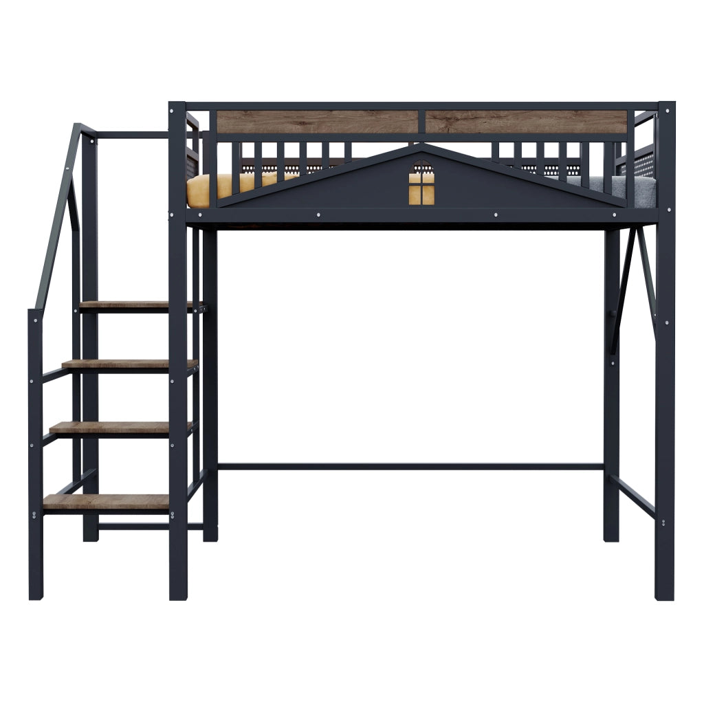 Letto a soppalco 140 × 200 cm con scala di sicurezza; gradini in legno e barriera a finestra in metallo nero