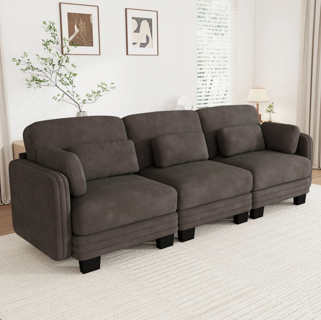 Divano modulare in ciniglia marrone con cuscini mobili; 253 x 88 x 88 cm