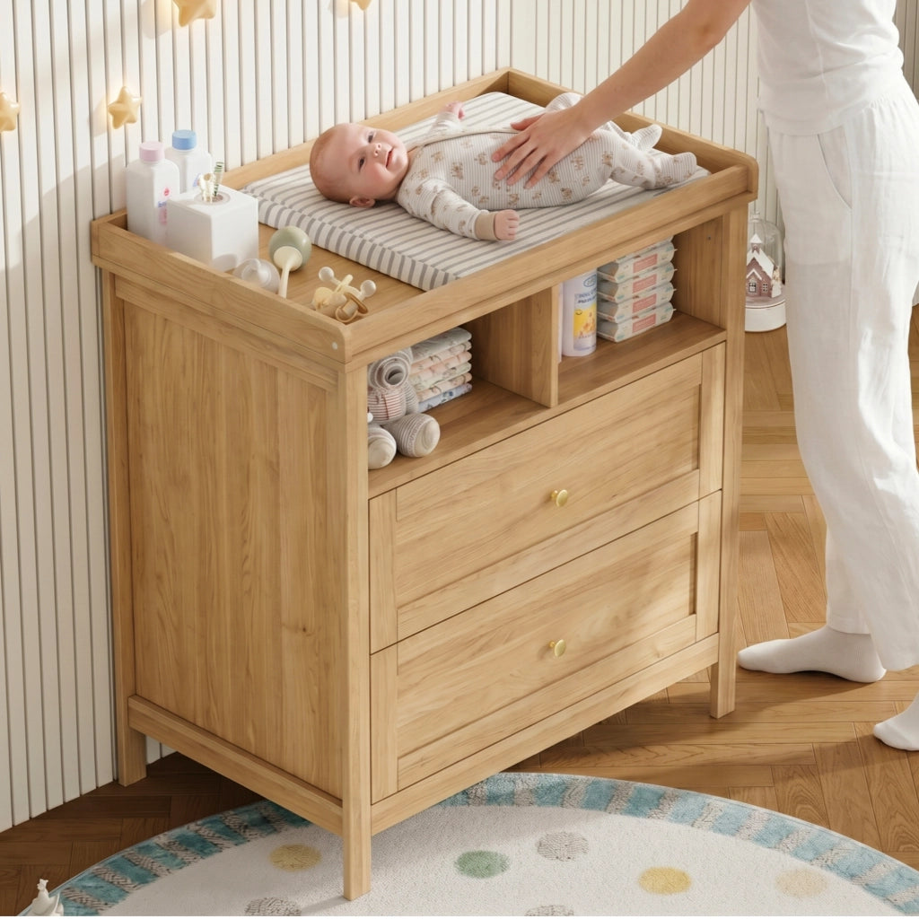 Fasciatoio con 2 cassetti, vani aperti e sponde di sicurezza rimovibili, per cameretta dei bambini, in MDF naturale